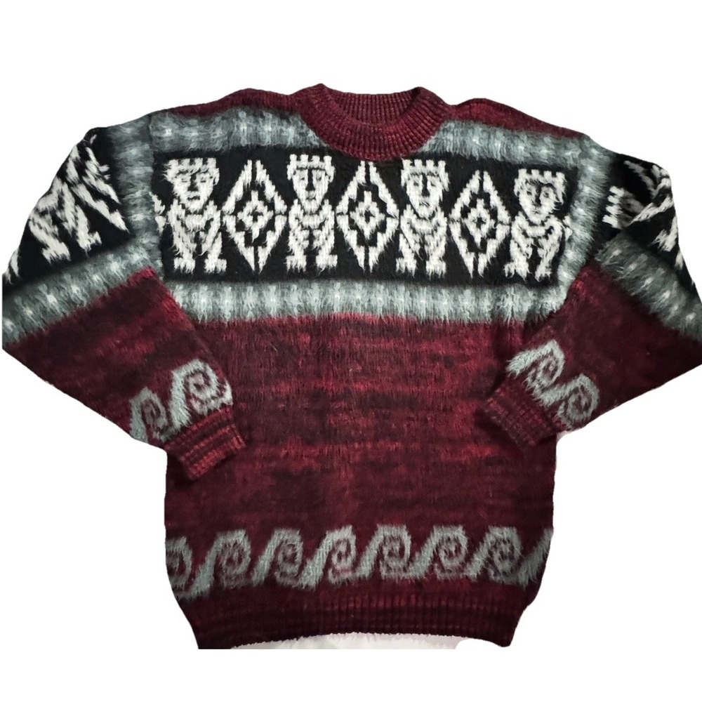 VTG Handmade Sweater 100% Wool Shaggy Knit Husky Dog Apres‎ Ski Resort Snow